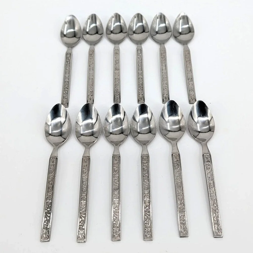 12 Household International Stainless Steel‎ Teaspoons Korea Floral Embossed HMO3